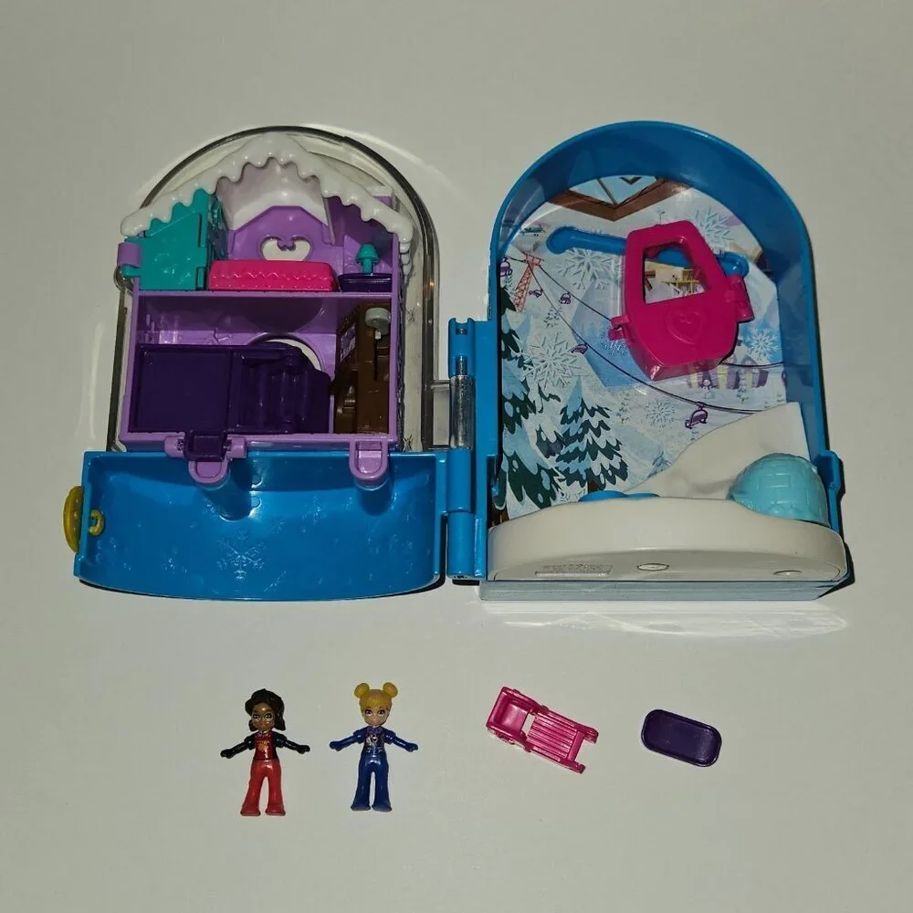Polly Pocket Snowball Surprise Compact Cabin Dolls Sled Board Mattel 2017 READ